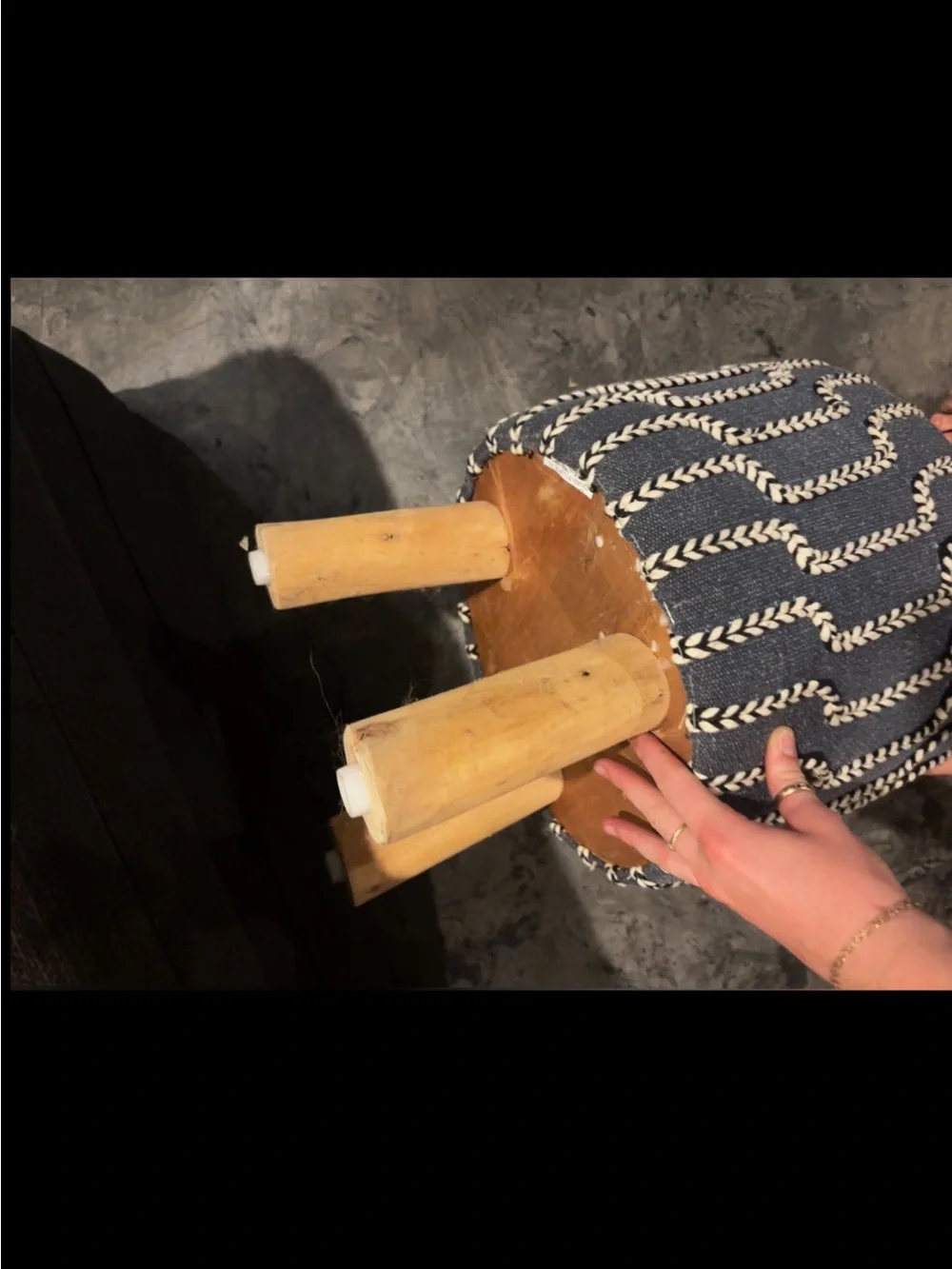 Blue Patterned Round Accent Stool with Wooden Legs